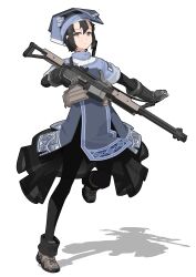 1girl absurdres black_eyes black_gloves black_hair crossed_legs dress gloves hat highres holding holding_weapon lidi_ahye-yesemo looking_at_viewer nusisring_tactical short_hair vectorek weapon white_background