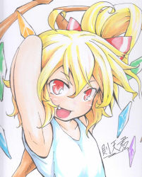 Rule 34 | 1girl, armpits, arms behind head, arms up, artist name, ballpoint pen (medium), blonde hair, bow, fang, flandre scarlet, flat chest, graphite (medium), hair bow, hair ribbon, looking at viewer, marker (medium), open mouth, red eyes, ribbon, short hair, side ponytail, sokutenkun, solo, touhou, traditional media, wings
