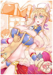 Rule 34 | 1boy, 1girl, ahoge, animal ears, animal hands, artoria pendragon (fate), artoria pendragon (lancer) (fate), bare shoulders, bell, blonde hair, blue panties, blue ribbon, blush, braid, breasts, cape, cat, cat ears, cat tail, cigar cat, cleavage, cleavage cutout, clothing cutout, collar, crop top, crown, fate/grand order, fate (series), french braid, fujimaru ritsuka (male), fur trim, gloves, green eyes, hair between eyes, hair ribbon, jingle bell, large breasts, long hair, neck bell, open mouth, panties, paw gloves, red cape, ribbon, sidelocks, tail, underwear, waist cape
