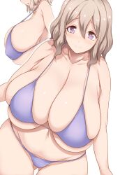 Rule 34 | 1girl, bikini, breasts, character request, cleavage, collarbone, dot nose, dutch angle, eyelashes, female focus, gluteal fold, highres, huge breasts, light brown hair, looking at viewer, navel, pink pupils, plump, purple bikini, purple eyes, short hair, sideboob, skindentation, smile, solo, swimsuit, tsukasawa takamatsu, white background