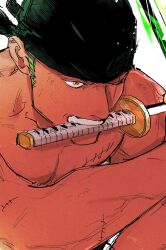 Rule 34 | 1boy, aura, bandana, black bandana, close-up, fighting stance, green hair, highres, kzwtr8, long sideburns, looking ahead, male focus, mouth hold, muscular, muscular male, one piece, roronoa zoro, scar, scar across eye, serious, short hair, sideburns, solo, triple wielding