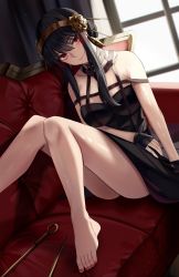Rule 34 | 1girl, bare legs, bare shoulders, barefoot, black dress, black gloves, black hair, blush, breasts, closed mouth, commentary, couch, curtains, dagger, dress, earrings, english commentary, fingerless gloves, foot out of frame, gloves, gold hairband, hair bun, hairband, head tilt, highres, indoors, jewelry, knees up, knife, large breasts, long hair, looking at viewer, medium hair, nail polish, nicky w, on couch, red eyes, red nails, sidelocks, single hair bun, sitting, sleeveless, sleeveless dress, smile, solo, spy x family, thighs, toes, weapon, window, yor briar