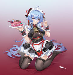 Rule 34 | 1girl, absurdres, ahoge, apron, black butterfly, black dress, black thighhighs, blue hair, breasts, bug, butterfly, cake, cake slice, dated, dress, feet, food, frilled apron, frills, fruit, ganyu (genshin impact), genshin impact, gradient background, hair between eyes, hair intakes, hands up, highres, holding, holding plate, insect, legs, licking lips, long hair, looking at viewer, maid headdress, ningtiaoyu, no shoes, plate, see-through, sitting, sleeveless, sleeveless dress, soles, solo, strawberry, tassel, thighhighs, thighs, tongue, tongue out, torn clothes, torn thighhighs, very long hair, waist apron, wariza, white apron