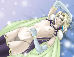 Rule 34 | 1girl, aozora kyuuji, arm up, bed, black panties, blonde hair, blue eyes, breasts, cameltoe, cape, elbow gloves, fire emblem, fire emblem: the sacred stones, gloves, medium breasts, midriff, navel, nintendo, nipples, no bra, panties, selena (fire emblem: the sacred stones), solo, thighhighs, underwear