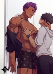 Rule 34 | 2boys, abs, alternate breast size, bara, black male underwear, boxers, bulge, clothes writing, cowboy shot, dark-skinned male, dark skin, fate/grand order, fate (series), from side, fujimaru ritsuka (male), grabbing, height difference, highres, huge pectorals, lancelot (fate/grand order), licking lips, male focus, male underwear, multiple boys, muscular, muscular male, naughty face, off shoulder, official alternate costume, pectoral grab, profile, protected link, purple hair, short hair, standing, standplay, tan, thick thighs, thighs, tongue, tongue out, underwear, v-taper, yaoi