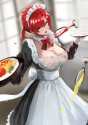 Rule 34 | 1girl, :o, apron, aqua eyes, blush, boudica (fate), bow, bowtie, breasts, detached collar, dress, fate/grand order, fate (series), from above, glass, indoors, jikihatiman, large breasts, long dress, long skirt, maid, maid headdress, microsoft windows, nipples, plate, puffy sleeves, red hair, see-through, skirt, solo, tray, wet, wet clothes, window