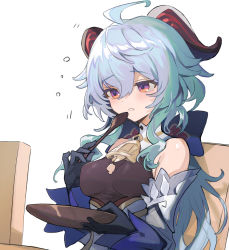 Rule 34 | 1girl, ahoge, bell, black gloves, blue hair, bodysuit, breasts, commentary request, cowbell, detached sleeves, food on clothes, ganyu (genshin impact), genshin impact, gloves, goat horns, hair between eyes, hayama eishi, holding, holding plate, holding spoon, horns, long hair, medium breasts, plate, red eyes, simple background, solo, spoon, white background