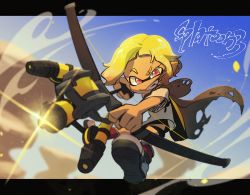 Rule 34 | 1boy, aiming, arm up, asymmetrical hair, black shorts, blonde hair, blue background, blue sky, blunt bangs, bow (weapon), brown cape, cape, copyright name, day, domino mask, dutch angle, english text, eyebrow cut, fang, full body, glint, gradient hair, gradient sky, green eyes, grin, happy, holding, holding bow (weapon), holding weapon, hood, hooded cape, inkling, inkling boy, inkling player character, jumping, letterboxed, looking at viewer, male focus, mask, multicolored eyes, multicolored footwear, multicolored hair, nintendo, orange hair, outdoors, outside border, outstretched arm, pointy ears, red eyes, shirt, shoes, short shorts, short sleeves, shorts, sky, smile, solo, splatoon (series), splatoon 3, teeth, tentacle hair, tentacles, torn cape, torn clothes, ukata, undershirt, weapon, white shirt, wind