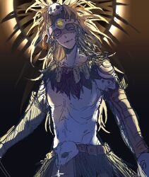 Rule 34 | 1boy, arm tattoo, aztec, blonde hair, blue eyes, braid, facepaint, fate/grand order, fate (series), gold necklace, hair ornament, headdress, jewelry, long hair, looking at viewer, male focus, necklace, norai0813, shoulder tattoo, skull, skull hair ornament, smile, solo, tattoo, tezcatlipoca (fate), tezcatlipoca (third ascension) (fate), topless male, traditional clothes, twin braids, upper body