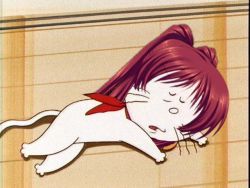 Rule 34 | 00s, 1girl, animal, animalization, cat, empty eyes, hair intakes, kousaka tamaki, ponytail, red hair, solo, to heart (series), to heart 2, whiskers, wooden floor