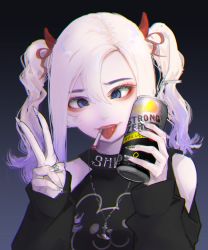 Rule 34 | 1girl, absurdres, ahegao, blue eyes, can, chromatic aberration, cigarette, cross-eyed, eyeshadow, hair between eyes, highres, holding, holding can, huge filesize, looking down, nail polish, orange eyeshadow, original, rakugaki suruhito, smoking, solo, strong zero, tongue, tongue out, twintails, v, white hair, white nails