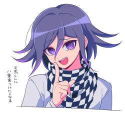 Rule 34 | 1boy, :d, checkered clothes, checkered neckwear, checkered scarf, commentary request, cropped torso, danganronpa (series), danganronpa v3: killing harmony, fang, hair between eyes, index finger raised, jacket, long sleeves, looking at viewer, male focus, multicolored hair, open mouth, oma kokichi, pink hair, purple eyes, purple hair, sasakama (sasagaki01), scarf, shirt, short hair, simple background, smile, solo, teeth, translation request, two-tone hair, upper body, upper teeth only, white background, white jacket