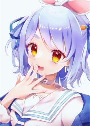Rule 34 | 1girl, :d, blue hair, carrot hair ornament, collar, collarbone, food-themed hair ornament, hair ornament, highres, hololive, kumono ame, looking at viewer, open mouth, rabbit-shaped pupils, red eyes, short eyebrows, short hair, simple background, smile, solo, symbol-shaped pupils, upper body, usada pekora, usada pekora (casual), virtual youtuber, white background