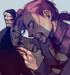 Rule 34 | 2boys, annoyed, black sclera, blood, colored sclera, freckles, hachiwi, hat, highres, jojo no kimyou na bouken, multiple boys, pink hair, red eyes, risotto nero, size difference, sweater, vento aureo, vinegar doppio