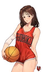 Rule 34 | 1girl, akagi haruko, arm behind back, arm warmers, armpit crease, artist logo, ball, basketball, basketball (object), basketball jersey, basketball uniform, blush, breasts, brown eyes, brown hair, contrapposto, cowboy shot, holding, holding ball, k52, korean commentary, lips, looking at viewer, medium breasts, medium hair, parted lips, red shirt, red shorts, shirt, short shorts, shorts, signature, simple background, slam dunk (series), sleeveless, sleeveless shirt, smile, solo, sportswear, standing, sweat, thighs, white background