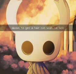 Rule 34 | 1other, alicezakat, artist name, black eyes, blue cloak, cloak, cloud, english text, highres, hollow eyes, hollow knight, knight (hollow knight), light rays, looking at viewer, nail (hollow knight), other focus, outdoors, portrait, sky, snapchat, solo, straight-on, twitter username, watermark, weapon, weapon on back, yellow sky