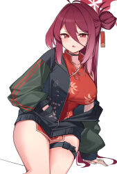 Rule 34 | 1girl, absurdres, ahoge, bare shoulders, black choker, black jacket, blue archive, breasts, china dress, chinese clothes, choker, collarbone, dress, frown, hair between eyes, hair bun, halo, hand in pocket, highres, jacket, large breasts, long hair, long sleeves, looking at viewer, mole, mole on chest, mole under eye, off shoulder, open clothes, open jacket, open mouth, pelvic curtain, print dress, red dress, red eyes, red hair, reijo (blue archive), short dress, simple background, single side bun, sitting, sleeveless, sleeveless dress, solo, thigh strap, thighs, white background, ziro (zirorong)