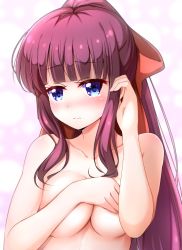 Rule 34 | 1girl, blue eyes, blunt bangs, blush, bow, breasts, cleavage, collarbone, covering privates, covering breasts, doria (p f dolia), hair bow, hand in own hair, highres, long hair, looking away, medium breasts, new game!, nude, purple hair, red bow, solo, takimoto hifumi, underboob, upper body, very long hair