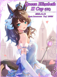 Rule 34 | 1girl, alternate costume, animal ears, black hair, blue eyes, commentary request, daring tact (umamusume), dated, dress, english text, highres, horse ears, horse girl, horse tail, kashmir 0808, lens flare, long hair, looking at viewer, medium hair, open mouth, petals, staff, tail, umamusume