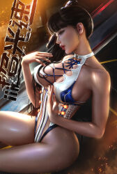 Rule 34 | 1girl, absurdres, black hair, blunt bangs, breasts, brown eyes, collarbone, cross-laced clothes, cross-laced one-piece swimsuit, eve (stellar blade), eyelashes, hair ornament, highres, lips, logan cure, long hair, multicolored clothes, multicolored swimsuit, ocean maid (stellar blade), one-piece swimsuit, parted lips, solo, stellar blade, sweat, swimsuit, zipper