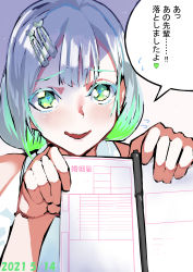 Rule 34 | 1girl, absurdres, aqua eyes, blush, commentary, dated, green hair, hair ornament, hairclip, hairpin, heart, heart-shaped pupils, heart hair ornament, highres, holding, holding paper, looking at viewer, marriage certificate (object), multicolored hair, nervous, nervous smile, open mouth, original, paper, pen, rinrin (ppnk2835), shirt, short hair, simple background, smile, solo, speech bubble, symbol-shaped pupils, translated, two-tone, two-tone hair, unlikely accident, white background, white hair, white shirt, yandere