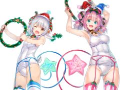 Rule 34 | :d, ;d, animal ears, aqua eyes, armpits, arms up, bell, blue garter belt, blue headwear, blue thighhighs, blush, breasts, candy, candy cane, character name, choker, christmas, cleavage, commentary request, double bun, fang, fangs, food, garter straps, hair bun, hat, highres, hikimayu, holding, holly, horns, kikuru (vtuber), kiyama satoshi, lami shia, looking at viewer, medium breasts, medium hair, one-piece swimsuit, one eye closed, open mouth, pink garter belt, pink hair, pink legwear, red headwear, ribbon choker, santa hat, school swimsuit, shia sisters, short hair, silver hair, simple background, small breasts, smile, standing, star (symbol), swimsuit, tail, thighhighs, virtual youtuber, vivi shia, white background, white legwear, white one-piece swimsuit, wreath, yellow eyes