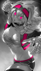 Rule 34 | 1girl, absurdres, bandaged fingers, bandages, blush, breasts, clenched hand, collar, collarbone, commentary, cowboy shot, cropped jacket, goggles, goggles on head, hair between eyes, highres, incoming attack, incoming punch, jacket, large breasts, looking ahead, looking at viewer, micro shorts, monochrome, motion blur, navel, niwamaru (niwarhythm), niwarhythm, open clothes, open jacket, original, pink eyes, punching, short hair, shorts, solo, spot color, straight-on, strapless, sweat, thighhighs, tube top, very sweaty, wide-eyed