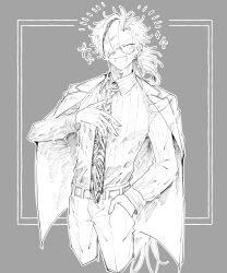 Rule 34 | 1boy, :d, ^ ^, atsuage (amo91958757), belt, bespectacled, closed eyes, coat, coat on shoulders, collared shirt, cosplay, cropped legs, earrings, facing viewer, fate/grand order, fate (series), glasses, grey background, greyscale, hair over one eye, hair rings, hand in pocket, hand on own chest, happy, happy aura, highres, jewelry, long hair, long sleeves, low ponytail, male focus, monochrome, multicolored hair, necktie, open mouth, pants, shirt, simple background, smile, solo, sparkle, streaked hair, striped clothes, striped shirt, takasugi shinsaku (fate), v-shaped eyebrows, yoshida shouin (fate), yoshida shouin (fate) (cosplay)