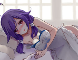 Rule 34 | 10s, 1girl, ahoge, apron, bare shoulders, blush, breasts, full-face blush, hair flaps, heart, heart-shaped pupils, highres, kantai collection, long hair, looking at viewer, low twintails, lying, mono (sunegey), naked apron, on side, pov, purple eyes, red eyes, solo focus, symbol-shaped pupils, taigei (kancolle), twintails