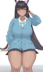 Rule 34 | 1girl, :o, absurdres, ahoge, black hair, black skirt, blue archive, blue bow, blue bowtie, blue cardigan, blue nails, blush, bow, bowtie, breasts, cardigan, collarbone, collared shirt, dark-skinned female, dark skin, earrings, hair between eyes, hair intakes, halo, hand in own hair, hand up, highres, jewelry, karin (blue archive), large breasts, long hair, looking at viewer, nail polish, parted lips, pleated skirt, purple halo, shirt, simple background, sitting, skirt, solo, stud earrings, teeth, thighs, tyohensyoku, very long hair, white background, white shirt, yellow eyes