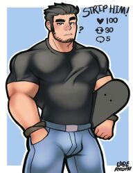Rule 34 | 1boy, bara, beard stubble, black hair, bulge, carrying, carrying under arm, denim, english text, facial hair, feet out of frame, highres, holding, holding skateboard, huge eyebrows, jeans, large pectorals, like and retweet, lucas lee, lyu-beh (luberaccoon), male focus, meme, muscular, muscular male, pants, pectorals, scott pilgrim (series), scott pilgrim takes off, shirt, short hair, short sleeves, simple background, skateboard, smile, solo, standing, stubble, t-shirt, tight clothes, tight shirt, twitter strip game (meme)