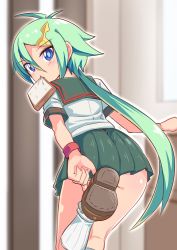 Rule 34 | 1girl, ass, blue eyes, blush, bread, convenient leg, cougar (cougar1404), food, from behind, green hair, long hair, looking at viewer, majin shoujo, mouth hold, pleated skirt, ponytail, school uniform, skirt, solo, urken