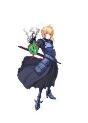 Rule 34 | 1girl, absurdres, ahoge, armor, armored dress, artoria pendragon (all), artoria pendragon (fate), black dress, blonde hair, braid, character request, dress, fate/grand order, fate (series), french braid, full body, gauntlets, gift, high heels, highres, holding, holding gift, manda (luts7602), orange hair, puffy sleeves, saber (fate), saber alter, simple background, smile, smoke, solo, standing, sword, weapon, white background