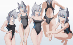 Rule 34 | 1girl, animal ear fluff, animal ears, ass, black one-piece swimsuit, blue archive, blue eyes, breasts, clothes pull, competition swimsuit, covered navel, cowboy shot, cross hair ornament, extra ears, from behind, frontal wedgie, full body, grey hair, hair ornament, halo, highleg, highleg swimsuit, highres, kenkano, looking at viewer, low ponytail, medium breasts, medium hair, mismatched pupils, multicolored clothes, multicolored swimsuit, multiple views, one-piece swimsuit, one-piece swimsuit pull, shiroko (blue archive), shiroko (swimsuit) (blue archive), simple background, squatting, standing, swimsuit, wedgie, white background