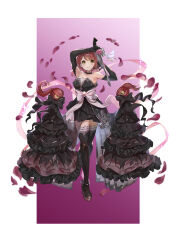 Rule 34 | 1girl, absurdres, alternate costume, armpits, black choker, black dress, black gloves, black thighhighs, blunt bangs, blush, bow, braid, braided bun, breasts, choker, closed mouth, commentary, detached hair, dress, dress bow, elbow gloves, fantasy, frilled dress, frills, frown, full body, gloves, gradient background, hair bun, hair ornament, hairclip, half updo, high heels, highres, holding, holding sword, holding weapon, looking at viewer, love live!, love live! nijigasaki high school idol club, medium breasts, medium hair, petals, pink background, pink hair, popupi 12, short dress, single side bun, solo, standing, strapless, strapless dress, swept bangs, sword, thighhighs, uehara ayumu, weapon, white bow, yellow eyes