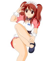 Rule 34 | 1girl, absurdres, asahina mikuru, breasts, brown eyes, brown hair, cosplay, dress, highres, large breasts, legs, long hair, maid, miniskirt, open mouth, short dress, short twintails, shy, skirt, suzumiya haruhi no yuuutsu, thighs, twintails, vector trace, waitress, wink
