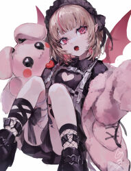 Rule 34 | 1girl, absurdres, black dress, black footwear, black headdress, black ribbon, chest harness, demon wings, dress, fangs, fishnet socks, fishnets, grey hair, harness, heart, highres, holding, holding stuffed toy, jacket, knees up, leg ribbon, looking at viewer, maid headdress, makaino ririmu, multicolored hair, nijisanji, off shoulder, open clothes, open jacket, open mouth, pink hair, pink jacket, platform footwear, pointy ears, red eyes, red wings, ribbon, short hair, simple background, siuroi, sleeves past fingers, sleeves past wrists, socks, solo, streaked hair, stuffed animal, stuffed rabbit, stuffed toy, thigh strap, thighs, two-tone hair, virtual youtuber, white background, wings