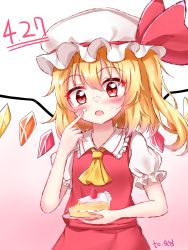 Rule 34 | 1girl, absurdres, blonde hair, blush, cake, flandre scarlet, food, food on face, fruit, hanen (borry), highres, holding, long hair, open mouth, plate, red eyes, shirt, side ponytail, skirt, solo, strawberry, touhou, upper body, wings