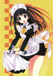 Rule 34 | 1girl, absurdres, apron, black hair, clothes lift, cowboy shot, drop shadow, female focus, hard drive, headdress, highres, long hair, long sleeves, looking at viewer, maid, maid apron, murakami suigun, open mouth, orange background, original, puffy sleeves, skirt, skirt lift, solo, yellow background