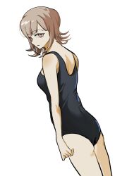 Rule 34 | 1girl, alternate costume, bare arms, bare shoulders, black one-piece swimsuit, breasts, brown hair, cowboy shot, danganronpa (series), danganronpa 2: goodbye despair, dutch angle, from side, highres, jipsinbeolle, looking at viewer, looking to the side, medium breasts, medium hair, nanami chiaki, one-piece swimsuit, simple background, skindentation, solo, swimsuit, white background