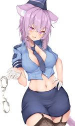 Rule 34 | 1girl, alternate costume, animal ear fluff, animal ears, between breasts, blue necktie, blue skirt, blush, breasts, cat ears, cat tail, cleavage, colored eyelashes, cosplay, cowboy shot, crop top, cuffs, epaulettes, garrison cap, garter straps, gloves, half gloves, hand on own hip, handcuff dangle, handcuffs, hat, highres, holding, holding handcuffs, hololive, karatakewari, lace, lace-trimmed legwear, lace trim, long hair, looking at viewer, medium breasts, messy hair, navel, necktie, necktie between breasts, nekomata okayu, open mouth, partially unbuttoned, pencil skirt, police, police uniform, policewoman, print thighhighs, purple eyes, purple hair, short sleeves, simple background, skirt, solo, tail, thighhighs, thighs, tsurime, uniform, virtual youtuber, white background, white gloves, wide hips