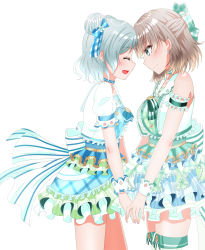 Rule 34 | 2girls, armband, back bow, bang dream!, blue bow, blue choker, blue dress, bow, brown hair, choker, commentary, cowboy shot, double bun, dress, earrings, closed eyes, facing another, frilled armband, frilled dress, frills, green bow, green dress, grey hair, hair bow, hair bun, highres, hikawa hina, holding hands, idol, jewelry, large bow, layered dress, looking at another, multiple girls, open mouth, short dress, short hair, simple background, sleeveless, sleeveless dress, smile, standing, tanutika, tearing up, thighhighs, white background, white thighhighs, wrist cuffs, yamato maya, yuri