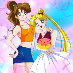 Rule 34 | anello81, bishoujo senshi sailor moon, cake, closed mouth, closed mouth smile, dress, food, friends, gown, hand on another&#039;s shoulder, happy, highres, kino makoto, open mouth, smile, tsukino usagi