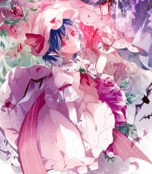 Rule 34 | 1girl, ascot, bat wings, food, fruit, hat, highres, holding, mob cap, parted lips, pointy ears, red eyes, remilia scarlet, short hair, shuukenyuu, silver hair, solo, touhou, wings, wrist cuffs
