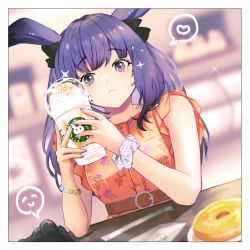 Rule 34 | 1girl, alternate costume, animal ears, arknights, black ribbon, blurry, blurry background, blush, border, bracelet, closed mouth, cup, depth of field, disposable cup, doughnut, dress, floral print, food, hair ribbon, heart, highres, holding, holding cup, jewelry, long hair, looking at viewer, nail polish, orange dress, print dress, purple eyes, purple hair, purple nails, rabbit ears, ribbon, rope (arknights), scrunchie, sleeveless, sleeveless dress, solo, sparkle, sparkling eyes, speech bubble, spoken heart, table, upper body, white border, wrist scrunchie, yoshiga
