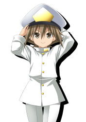 Rule 34 | 1boy, adjusting clothes, adjusting headwear, brown eyes, brown hair, commentary request, epaulettes, hat, highres, kantai collection, little boy admiral (kancolle), long sleeves, looking at viewer, military, military hat, military uniform, original, oversized clothes, peaked cap, rappa (rappaya), smile, solo, uniform, white background