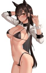 Rule 34 | 1girl, absurdres, animal ears, arm up, atago (azur lane), atago (stunning speedster) (azur lane), azur lane, bikini, black hair, blush, breasts, brown eyes, closed mouth, clyde s, dog ears, from side, hand up, highleg, highleg bikini, highres, large breasts, long hair, navel, shrug (clothing), simple background, solo, stomach, sweat, swimsuit, underboob, very long hair, white background, wing collar, wrist cuffs