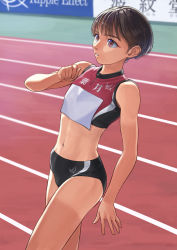 Rule 34 | 1girl, abs, brown eyes, brown hair, flat chest, highres, navel, original, otsu natsu, outdoors, short hair, solo, sports bra, standing, stomach, track and field