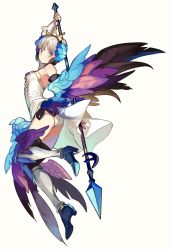 Rule 34 | 1girl, armor, armored dress, bad id, bad pixiv id, bunko (fumimatsu), crown, dress, flying, gwendolyn (odin sphere), head wings, highres, leg wings, low wings, multicolored wings, odin sphere, polearm, pteruges, purple eyes, silver hair, solo, spear, strapless, strapless dress, weapon, white background, wings