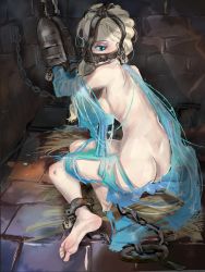 1girl ankle_cuffs barefoot blonde_hair blue_eyes bound bound_arms bound_legs braid breasts captured chain dirty dirty_feet dress dungeon elsa_(frozen) eyebrows eyeshadow female_focus frozen_(disney) full_body gag hands_up hay large_breasts legcuffs lock long_hair looking_at_viewer looking_back makeup on_floor prison satoimo_(jia64097023) sideboob soles solo toes torn_clothes torn_dress